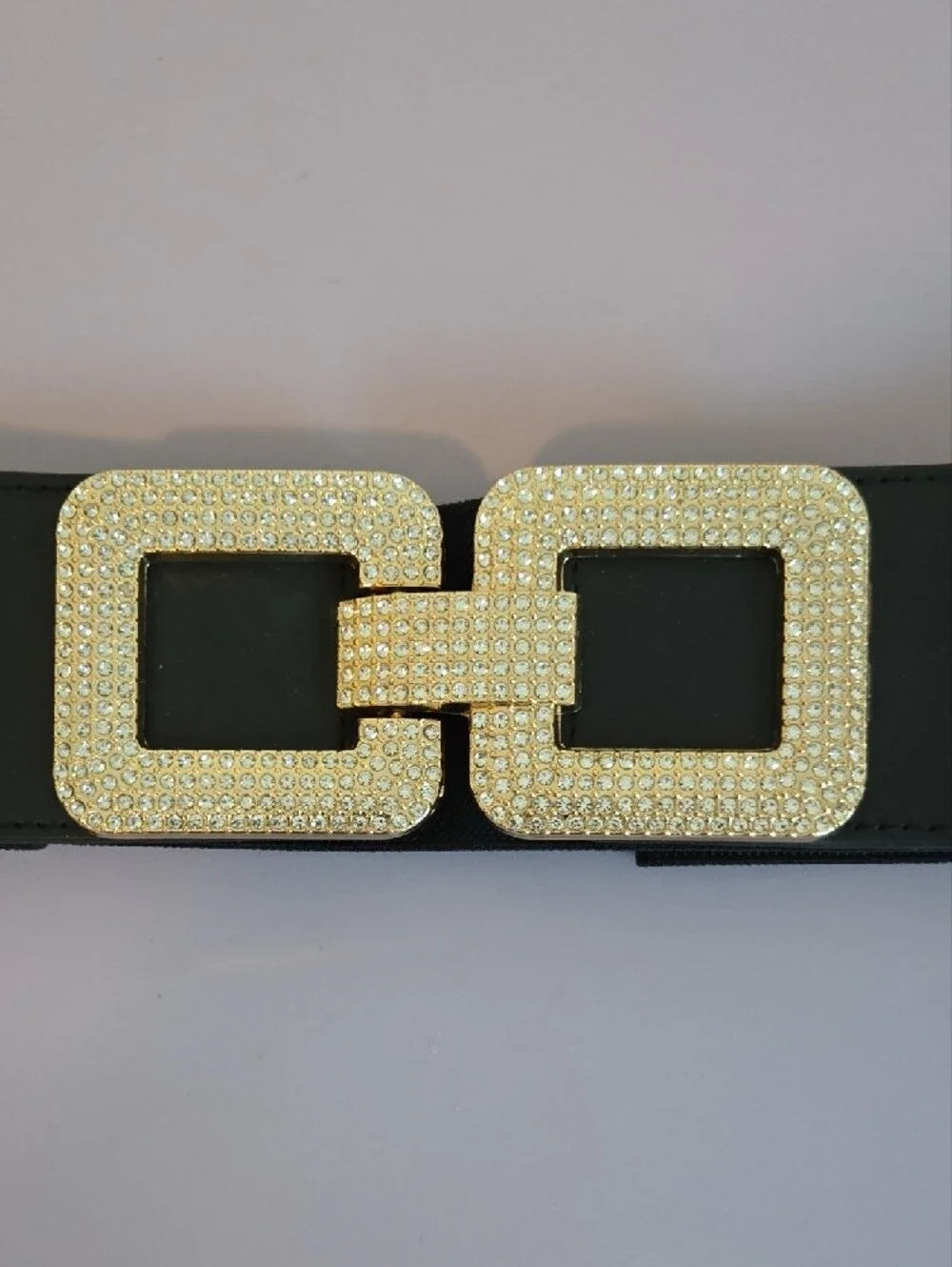 Black Elastic Waist Belt with Gold Rhinestone Buckle